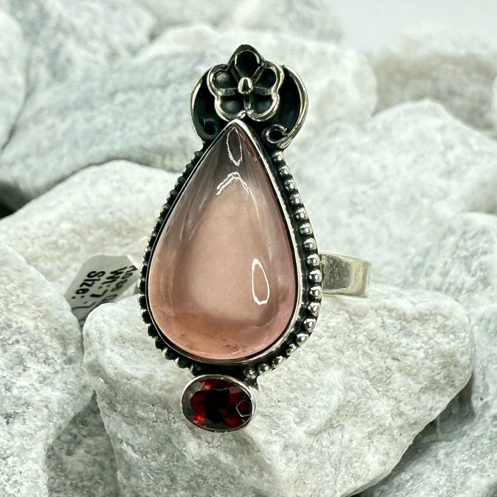 NWT Sterling Silver Rose Quartz & Garnet Ring Size 9 Southwestern Boho 925